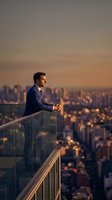 Professional businessman in suit standing on rooftop terrace overlooking city skyline at sunset, contemplating future business opportunities and success.