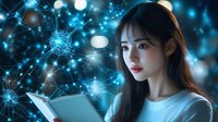 Young Asian woman reading glowing tablet in dark surrounded by blue digital network visualization and illuminated particles, representing digital transformation.