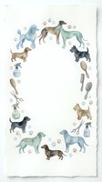 Watercolor dog breeds frame with grooming tools and paw prints on textured paper background for pet care business cards and veterinary designs.