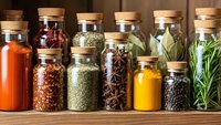 Collection of glass spice jars with cork lids containing colorful herbs and spices arranged on wooden shelf for cooking and culinary preparation.