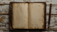 Open vintage notebook with blank yellowed pages and wooden pencil on rustic white painted wooden background, nostalgic flat lay composition for writing or journaling.