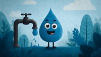 Cheerful cartoon water droplet character with smiling face standing next to dripping faucet against blue nature background for environmental conservation campaign.