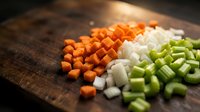 Fresh diced vegetables on wooden cutting board including orange carrots, white onions and green celery prepared for cooking and meal preparation.