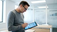 Professional businessman with glasses analyzing financial data on tablet computer in modern office environment for business analytics and digital workflow.