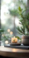 Glowing aromatic candle with leaf design on ceramic plate next to potted plant, creating peaceful atmosphere with soft bokeh lights and natural decor elements.