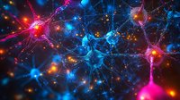 Glowing neural network with interconnected cells in pink, blue and orange colors showing synaptic connections and electrical activity in brain neurons.