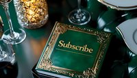 Ornate green and gold subscription box with vintage decorative frame design photographed among wine glasses and candles on dark surface, creating luxury ambiance.