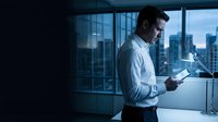 Professional businessman using tablet in modern office with city skyline view during evening hours for corporate technology and business communication.