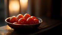 Fresh ripe cherry tomatoes in rustic ceramic bowl on dark wooden table with warm backlight and selective focus creating moody atmosphere.
