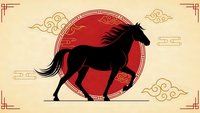 Black horse silhouette galloping against red circle with traditional Asian ornamental elements and decorative borders on beige background for lunar new year.