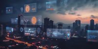 Smart city technology with digital interface overlays displaying data analytics, security icons, and network connectivity symbols above illuminated urban skyline at dusk for tech innovation concepts.