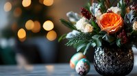 Festive floral arrangement with orange garden rose and winter greenery in textured glass vase, Christmas ornaments and bokeh lights in background.