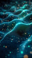 Abstract digital wave pattern with glowing turquoise particles and golden bokeh lights on dark background, flowing dynamic technology visualization.