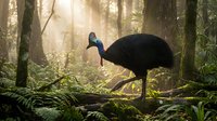 Southern cassowary bird walking through misty rainforest with golden sunlight filtering through trees and lush ferns creating magical atmosphere.
