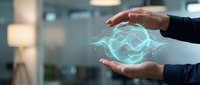 Hands holding glowing digital brain network, representing artificial intelligence, machine learning, and innovative technology solutions for business and data processing.