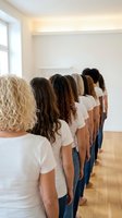 Diverse group of women standing in line wearing white t-shirts and jeans, showing different hair textures and ethnicities from behind in modern interior space.