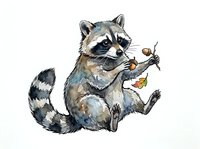 Curious raccoon holding a small pinecone, isolated on white background, suitable for children's books, educational materials, wildlife designs, and nature-themed projects.