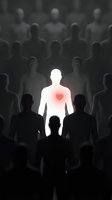 Glowing human figure with red heart stands out among crowd of dark silhouettes representing uniqueness, compassion, leadership and emotional intelligence concepts.