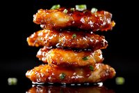 Stack of glazed grilled sausages with herbs on black background for barbecue menu design and culinary advertising.