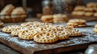 Freshly baked pizzelles dusted with powdered sugar on rustic wooden board, traditional Italian waffle cookies with intricate lace pattern in warm lighting.