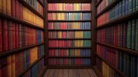 Library shelves filled with vintage leather-bound books arranged in rainbow spectrum order, creating vibrant gradient pattern in traditional wooden bookcase interior.