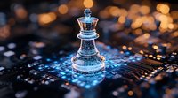 Glass chess queen piece on circuit board with glowing blue light effects and golden bokeh background, symbolizing artificial intelligence and strategic technology.