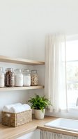 Bright minimalist kitchen corner with open wooden shelving displaying glass storage jars, woven basket with folded linens, potted fern plant, and sheer curtains filtering natural light through window.