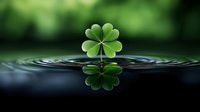 Fresh green four-leaf clover reflected in calm water surface with ripples against blurred natural background. Lucky charm symbol with mirror effect.