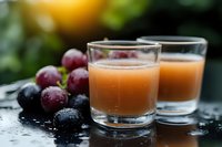 Fresh grape juice in clear glasses with ripe red and black grapes on wet surface, ideal for beverage, food and drink, and healthy lifestyle marketing.