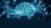 Glowing digital brain with circuit patterns and data streams on dark blue background, symbolizing artificial intelligence and neural networks.