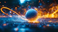Blue sphere with golden energy trails and sparks on textured surface. Digital art concept for technology, science fiction and futuristic designs.