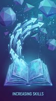 Digital learning concept with open book releasing geometric shapes and upward arrows representing skill development and knowledge growth in blue tones.