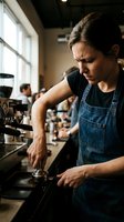 Focused Caucasian female barista in denim apron tamping espresso at a professional coffee machine in a busy cafe.