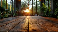 Atmospheric sunset view through panoramic windows with empty wooden table in foreground, perfect for product placement in restaurant or cafe interior design projects.