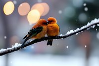 Two orange birds huddled together on snowy branch against blurred bokeh lights background, romantic winter wildlife scene showing warmth and companionship in cold weather.