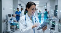 Female doctor using digital tablet with network connections in modern hospital setting surrounded by medical team and technology.