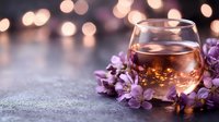 Glass of rose wine with spring cherry blossom flowers on stone surface against blurred bokeh lights background, romantic evening atmosphere.