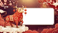 Golden ox with red ornamental patterns and blank banner frame surrounded by traditional clouds and lanterns on burgundy background with sparkles.
