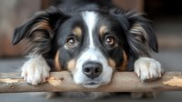 Close up portrait of Australian shepherd dog with black white and brown fur resting head on wooden surface with attentive amber eyes and gentle expression.
