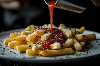 Pouring rich tomato sauce over golden pasta with parmesan cheese and herbs on white plate against dark background.