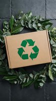 Eco-friendly cardboard shipping box with green recycling symbol surrounded by fresh eucalyptus leaves on dark slate surface for sustainable packaging.