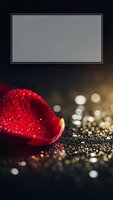 Red heart with water droplets on dark surface with golden bokeh lights and blank screen display for romantic presentations and Valentine's Day designs.