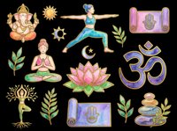 Watercolor yoga and meditation clipart set with lotus, om symbol, Ganesha, hamsa, zen stones, and poses, isolated on transparent background for stickers, sublimation, print on demand.