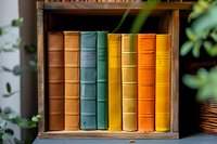 Colorful vintage books arranged in rainbow order on wooden shelf with green plant leaves in foreground, creating cozy reading atmosphere for library or home decor.