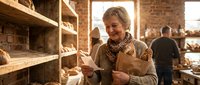 Senior woman with blonde hair and fair complexion examining pottery in rustic workshop studio with wooden shelves and warm natural lighting, suitable for artisan crafts and small business content.