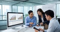 Business team analyzing financial data on computer screen in modern office with city view. Professional colleagues reviewing charts and reports during meeting.