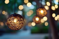 Wicker pendant lights with warm glow creating cozy atmosphere with bokeh background for home decor and interior design projects.