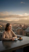 Senior woman enjoying morning coffee on balcony overlooking city skyline at golden hour sunrise with peaceful contemplative expression.