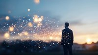 Silhouette of man watching magical glowing particles floating in twilight sky during sunset, dreamy atmosphere with bokeh lights and sparkles.
