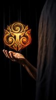 Mystical golden glowing symbol floating above open palm in dark atmospheric setting for fantasy gaming and magical storytelling concepts.